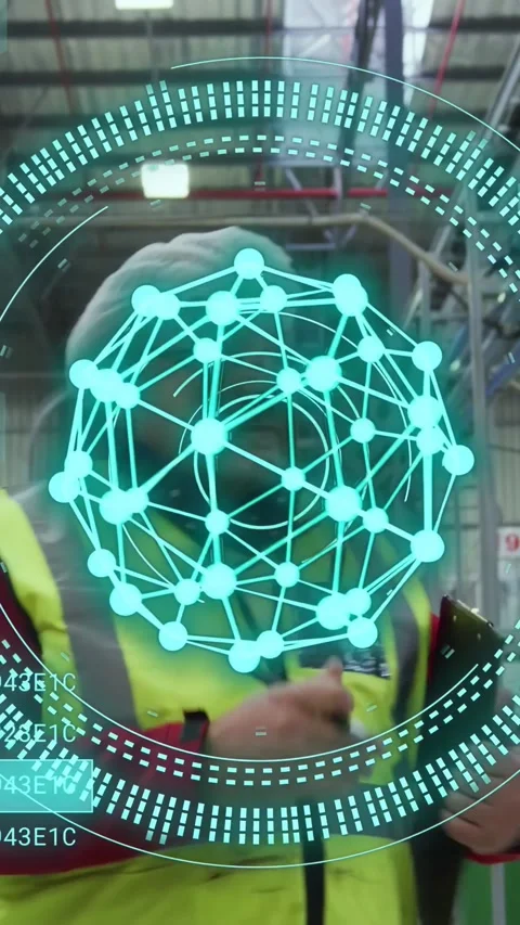 Vertical video: Logistics tech scanning racks with tablet when AR HUD hovering Stock Footage 335513547