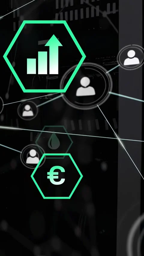 Vertical video: Logs driving hex chart or € or drop or hand linking user nodes Video stock 332277822