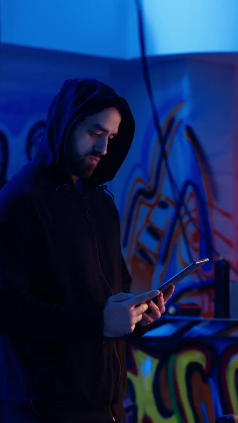 Vertical video Lone wolf hacker in hideout trying to avoid being detected, using Stock Footage 319517399