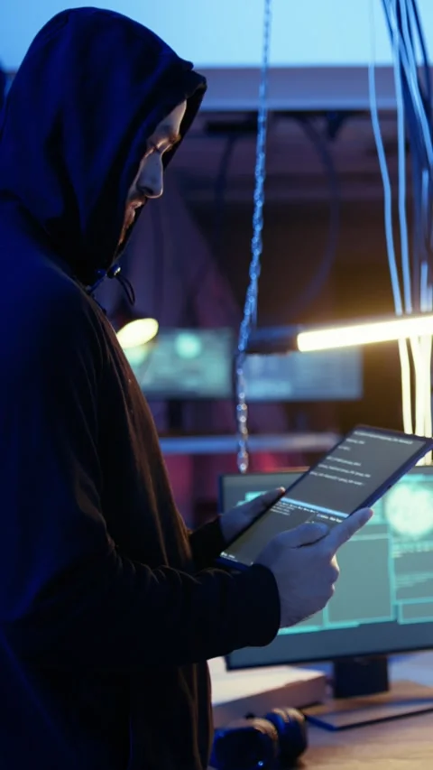 Vertical video Lone wolf hacker in hideout trying to avoid being detected, using Stock Footage 319518534