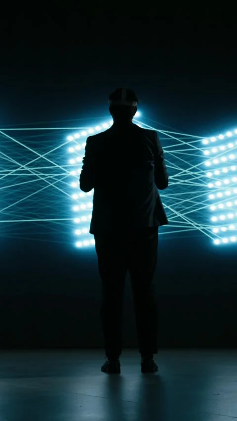 Vertical video Looking at neural network, VR headset gear and engineer Stock Footage 329451671