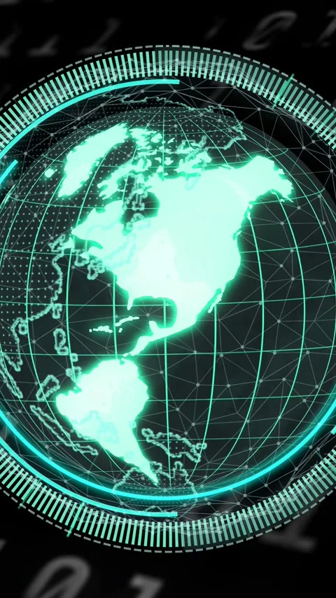 Vertical video: On loop start cyan globe rotating, shifting regions and pulsing 스톡 동영상 334770887