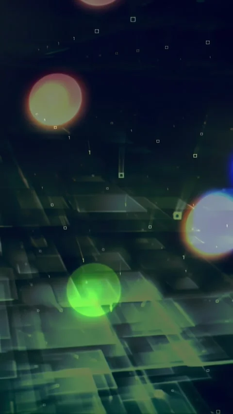 Vertical video: On loop start orbs drifting over layered grid, specks falling, Stock Footage 330273079