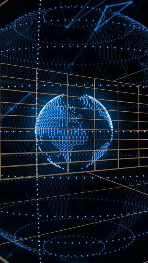 Vertical video: Loop starting, blue dotted globe rotating, camera drifting 스톡 동영상 333953009