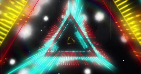 Vertical video: Loop starting, neon triangle tunnel moving inward in dark void, Ilustración de archivo