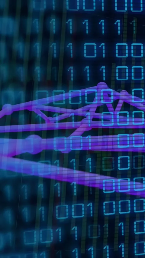 Vertical video: Loop starting, purple network shifting right, stretching links, Stock Footage 332277846