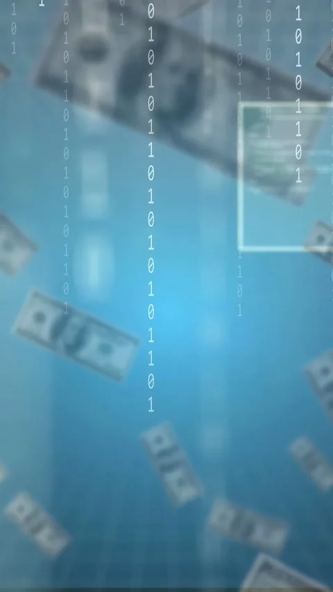Vertical video: Looping US100s drifting and rotating while binary streams Stock Footage 335263899