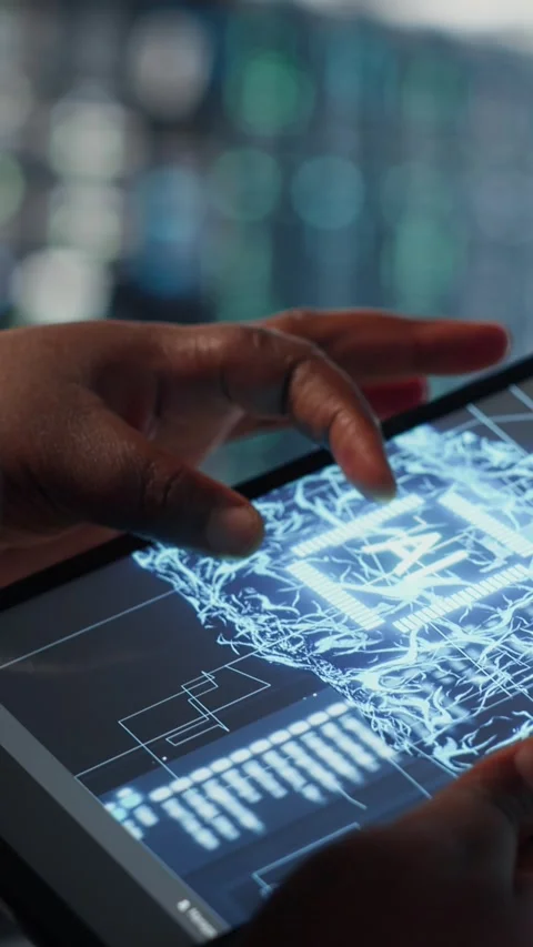 Vertical video lose up of data center technician doing AI data analysis on Stock Footage 316860062