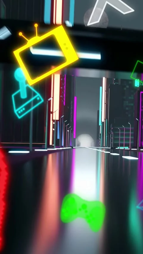 Vertical video: Low-angle camera showing neon icons on wet road floating, fading Stock Footage 332939587