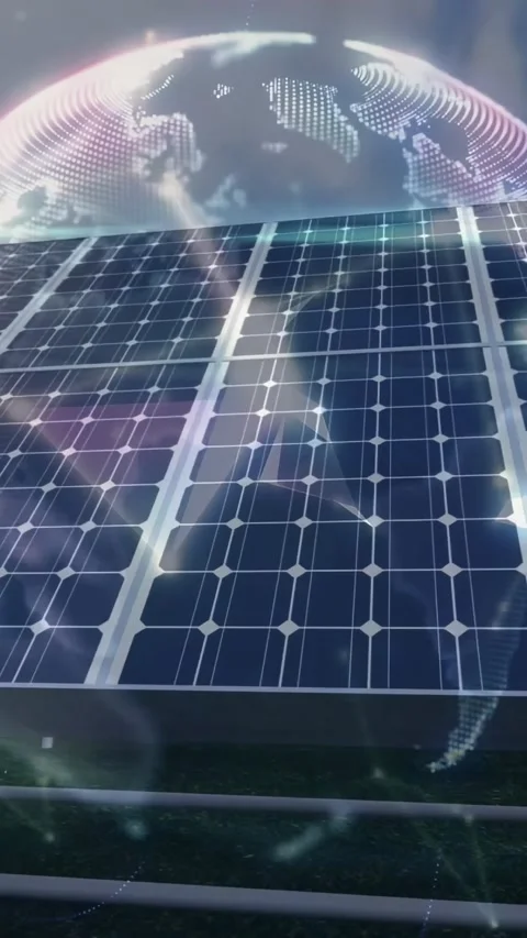 Vertical video: Low-angle camera starting hologram overlays while solar panels Stock Footage 334550345