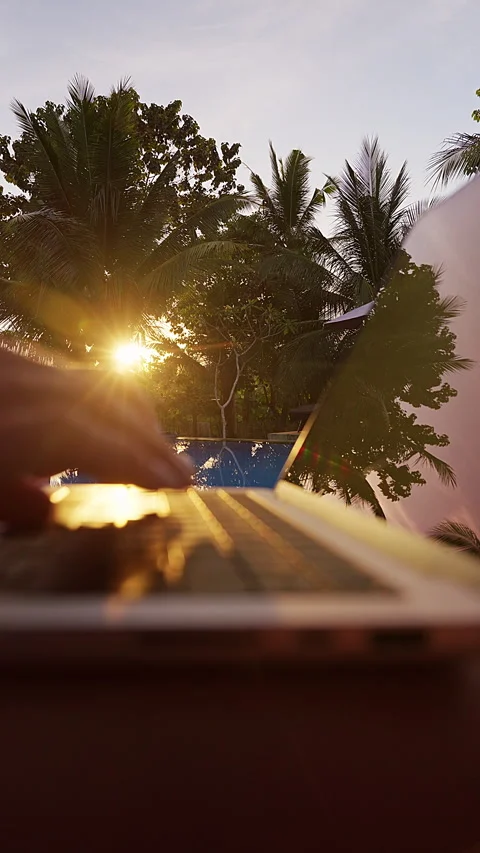 Vertical video. Low Angle View of a Laptop Beside a Tropical Pool at Sunset With Stock Footage 336554845
