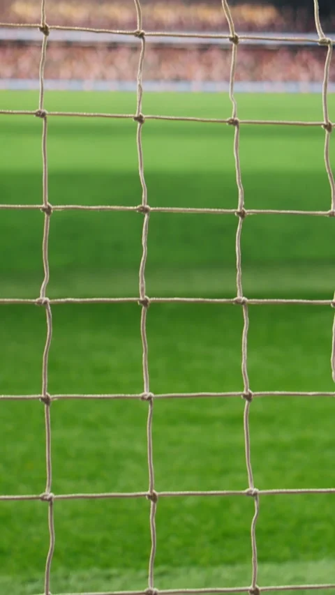 Vertical Video Low angle view of empty goal net and side post on football pitch Stock Footage 338046848