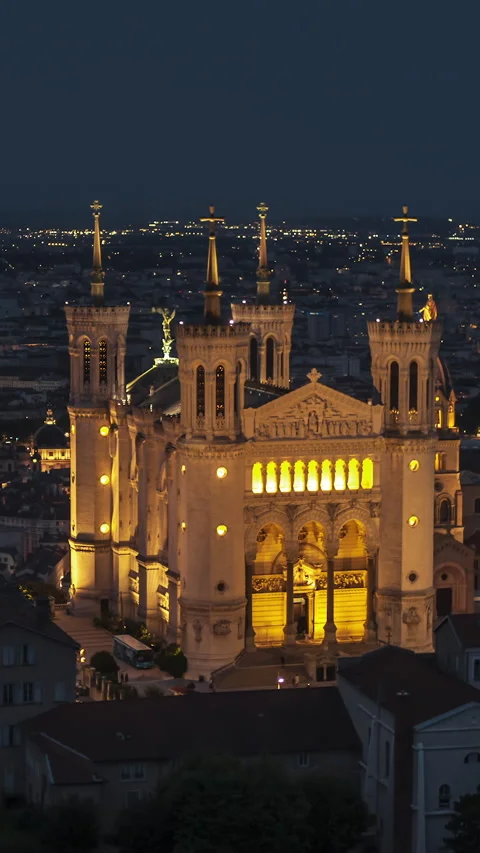 Vertical Video of Lyon, Vertical Aerial View Shot, night, evening Stock Footage 270830342