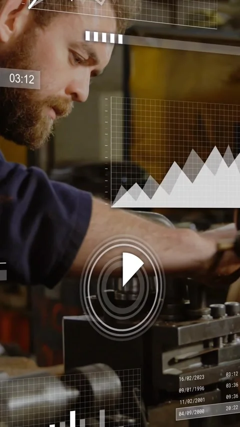 Vertical video: Machining tech turning knob adjusting clamp, graphs tracking Stock Footage 330605313