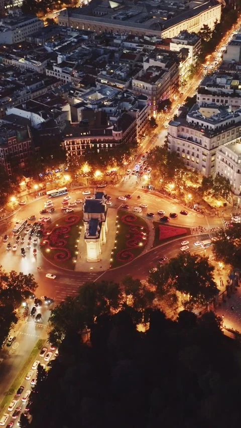 Vertical video of Madrid in the evening, drone view, downtown Madrid with night Stock Footage 287095560