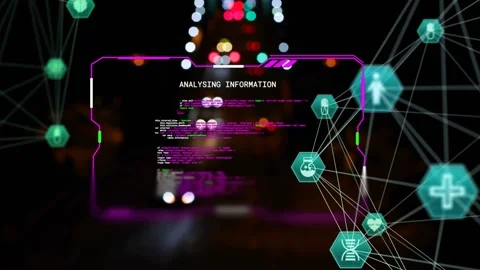 Vertical video: Magenta HUD nodes rising over road code scrolling icons pulsing Stock Footage 333445165
