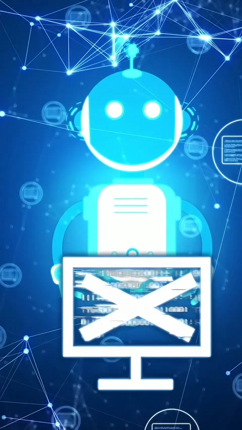 Vertical video: Mail falling cyan bot showing screen skull climbing cable shield Stockbeeldmateriaal 334378320