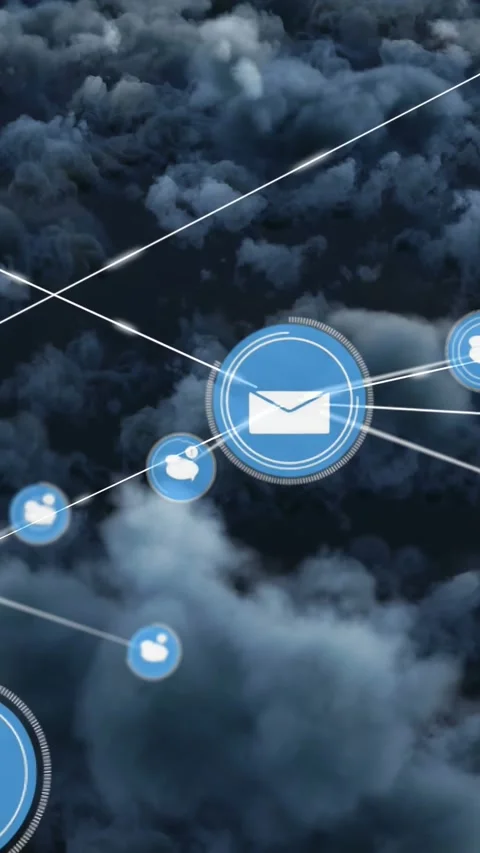 Vertical video: Mail node pulsing, sparking links, growing net over storm Video stock 331077460