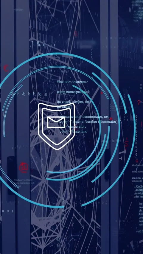Vertical video: Mail shield center scan starting cyan rings spinning, code Stock Footage 332595027