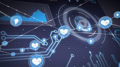 Vertical video: Main heart icon sparking node links, pulsing hearts and pins, 스톡 동영상 330195447