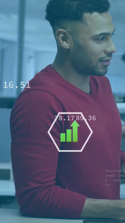 Vertical video: Male analyst gesturing at tablet offscreen, driving hex icons Stock Footage 333020845