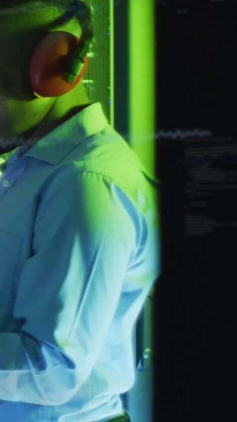 Vertical video: Male audio tech leaning at rack, hearing incoming audio and Stock Footage 334541030
