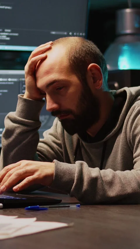 Vertical video: Male coder feeling sleepy and working on programming code Stock Footage 220335960