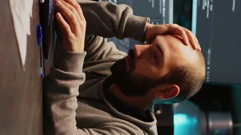 Vertical video: Male coder feeling sleepy and working on programming code Stock Footage 221872584