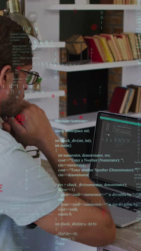 Vertical video: Male dev seeing error output, leaning in and debugging code with Video stock 335355236