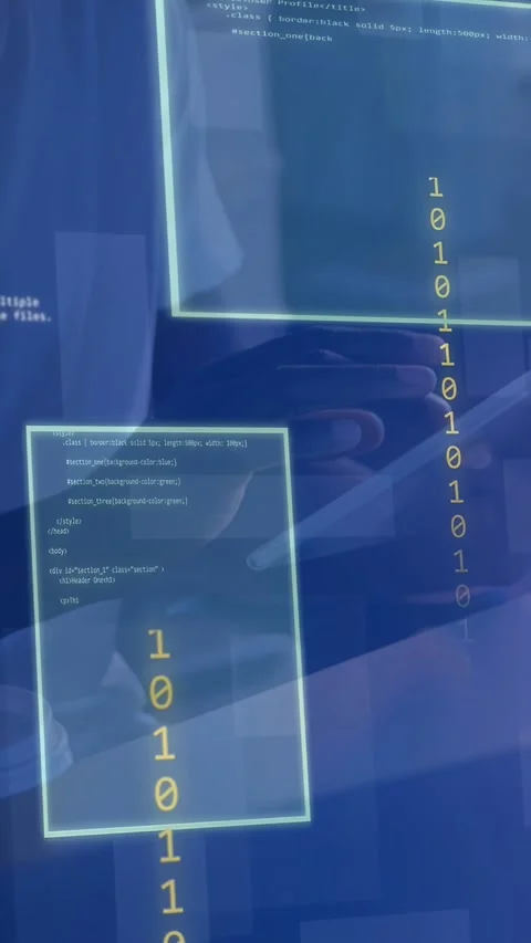 Vertical video: Male dev tapping tablet, causing code windows and binary streams Stock Footage 334859697