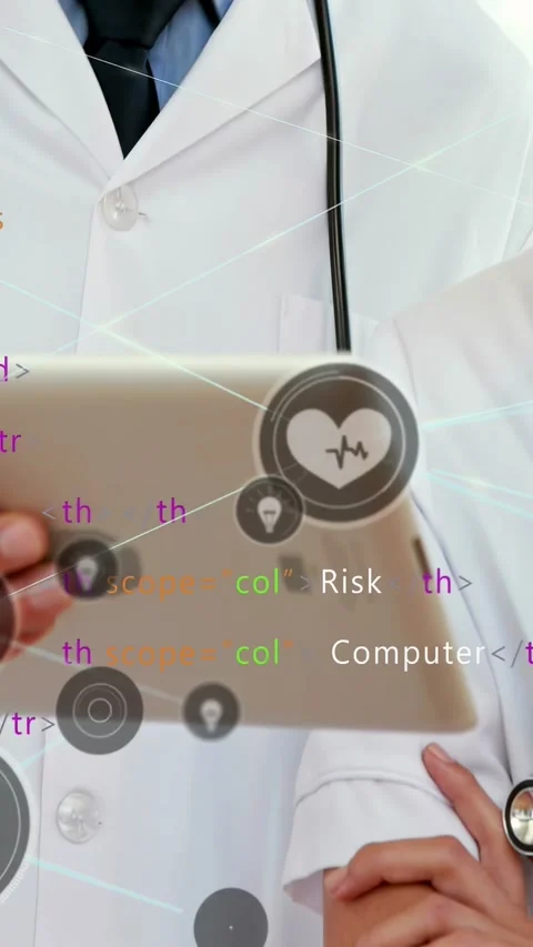 Vertical video: Male doc bringing tablet in, rotating while HUD linking code or Stock Footage 329703555