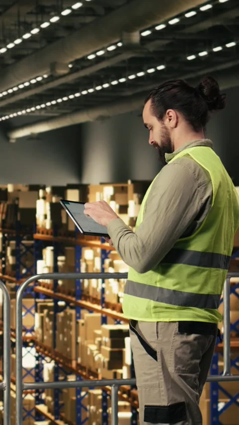 Vertical Video Male employee checking parcel status on a tracking software with Vidéo 330138757