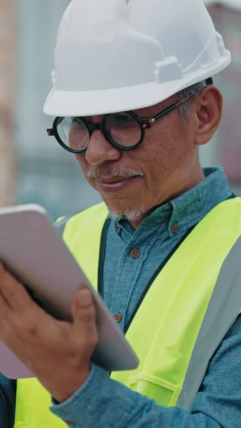 Vertical Video. Male Engineer Using Digital Tablet on Construction Site Stock Footage 309546737