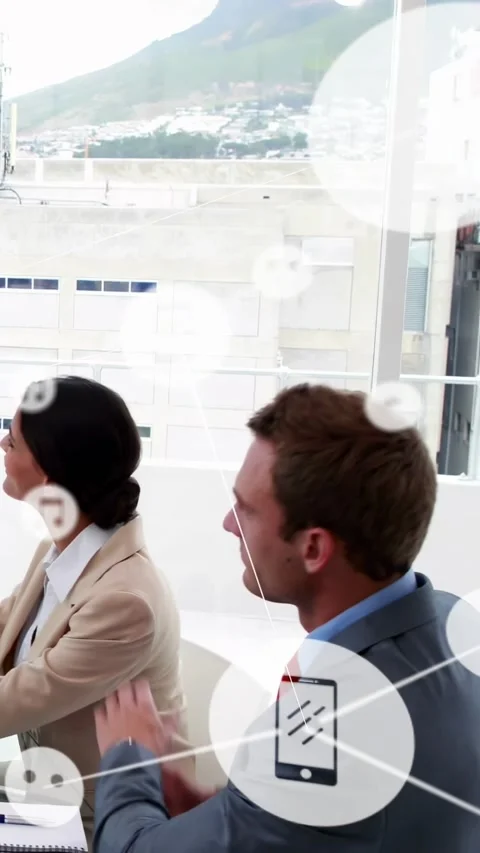 Vertical video: Male exec clapping after talk in business, phone music icons Stock Footage 334604330