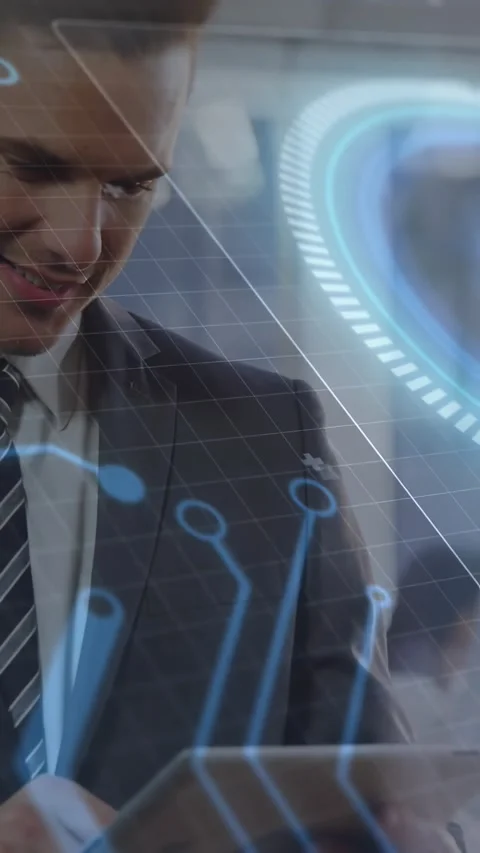 Vertical video: Male exec tapping tablet in business office, projecting blue HUD Stock Footage 334319282