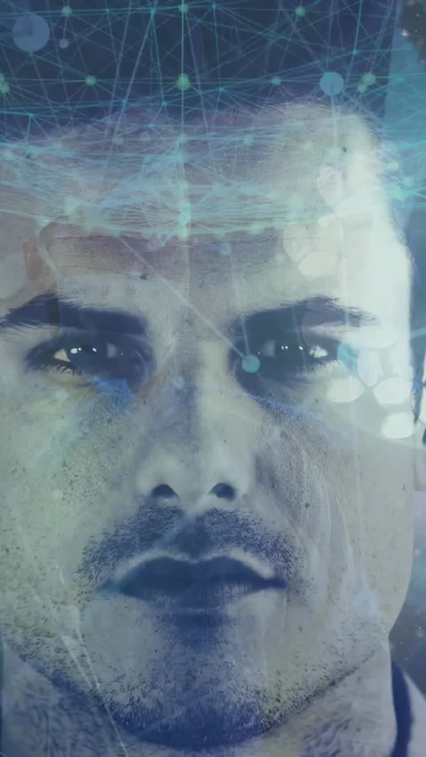 Vertical video: Male face staring while projection activating tech grid overlay, Stock-Footage 331077666