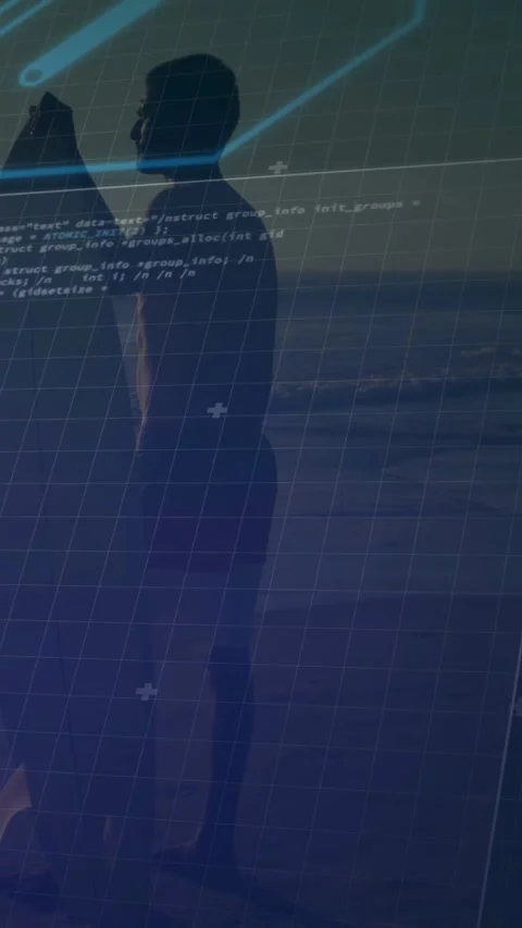 Vertical video: Male holding device at shore, tapping and starting tech UI Stock Footage 333821433