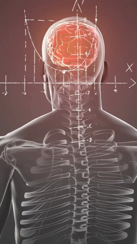 Vertical video: Male model rotating, camera causing math graphs around orange Stock Footage 330395441
