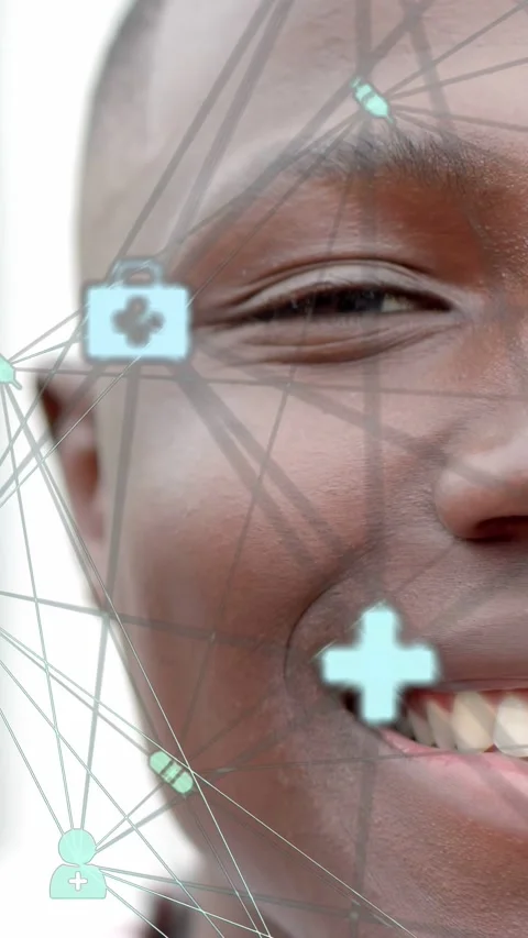 Vertical video: Male model smiling with medical animation sliding across face, Stock Footage 335513292