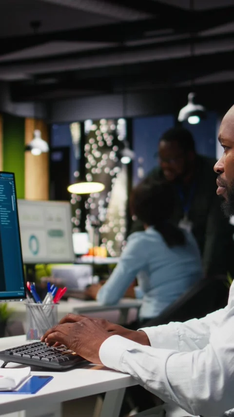 Vertical Video Male PC user interacting with AI chat system on computer at Stock Footage 318561727