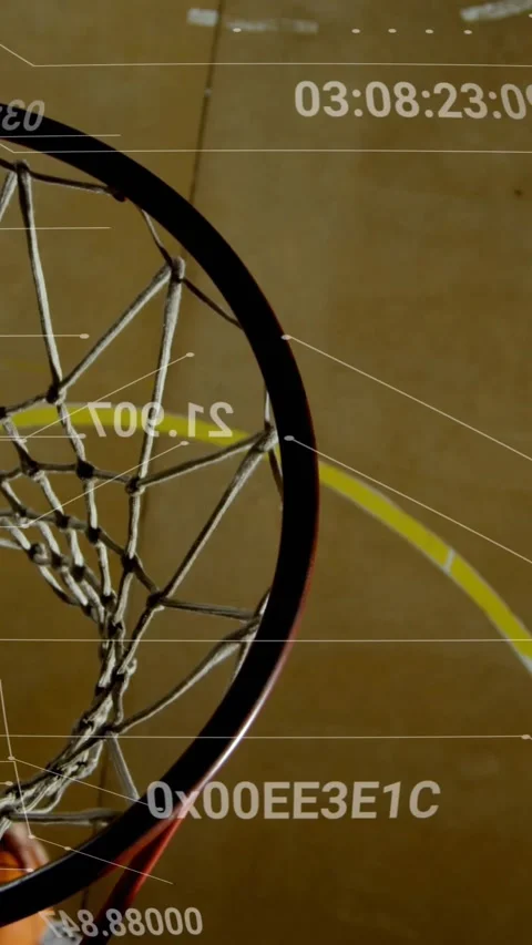 Vertical video: Male player catching pass rising to rim and scoring, sports HUD Stock Footage 330938422