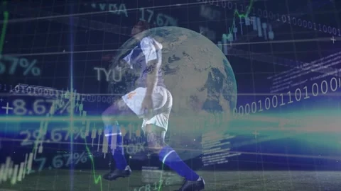Vertical video: Male player receiving ball, manipulating it for finance as globe Stock Footage 330621968