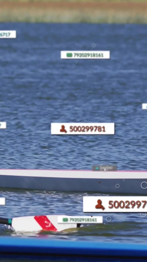 Vertical video: Male rower pulling oar in sports regatta, panning HUD tags Stock Footage 330580949