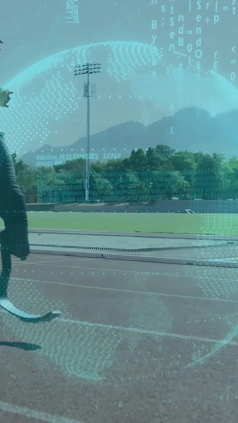 Vertical video: Male runner entering left, sprinting track with AR globe Stock Footage 333513656