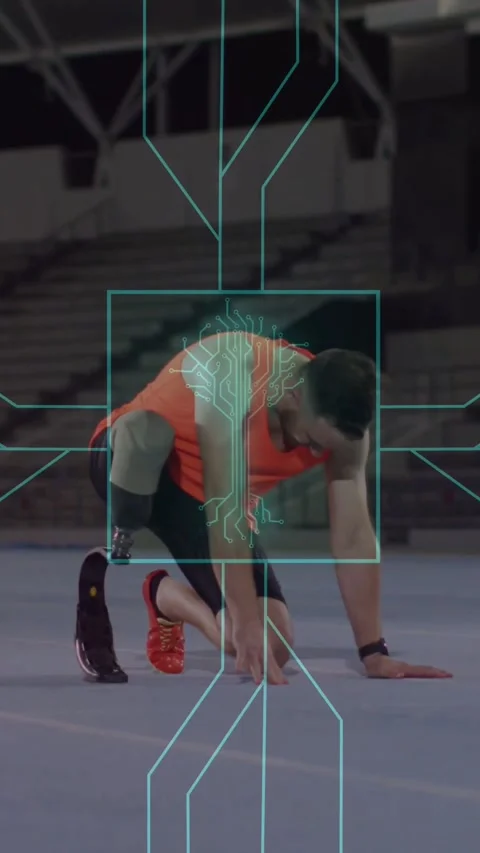 Vertical video: Male runner moving to start motion causing HUD tracing blade Stock Footage 334544660