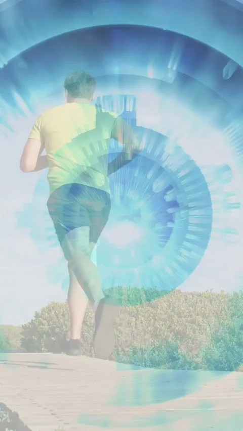 Vertical video: Male runner running path, eye fading, forming tech HUD vortex, Stock Footage 333556709