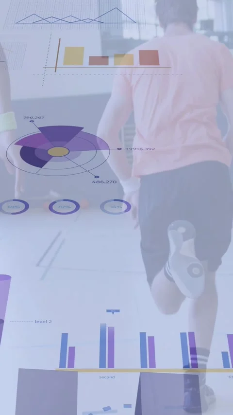 Vertical video: Male runner starting drill in fitness, charts showing prosthetic Stock Footage 340133435