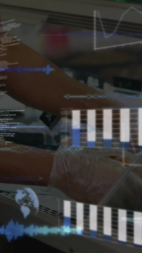 Vertical video: Male server reaching tray in deli case overlaying bar charts Stock Footage 331334070
