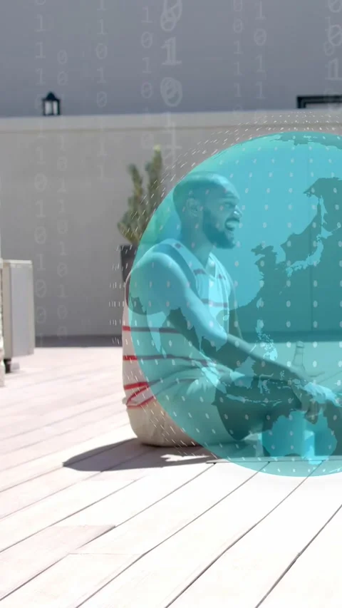 Vertical video: Male sitting poolside, sphere entering from right revealing tech Stock Footage 333673456
