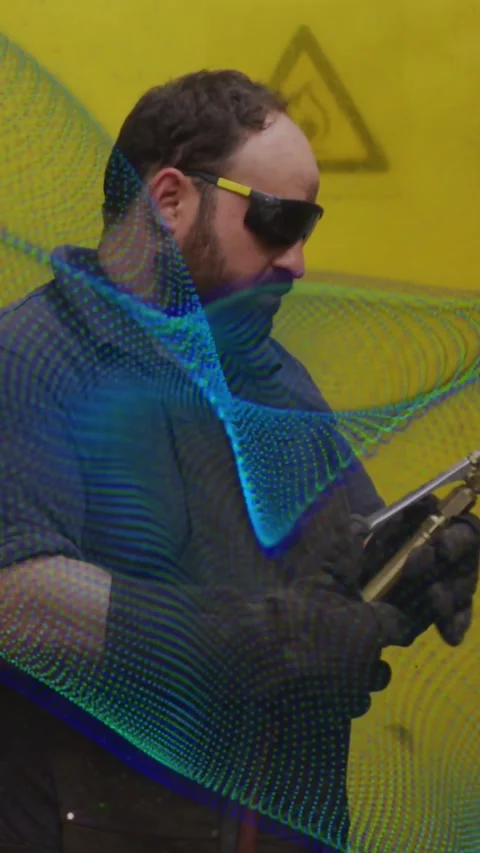 Vertical video: Male tech gripping and checking tool in workshop, teal wave Stock Footage 333836020